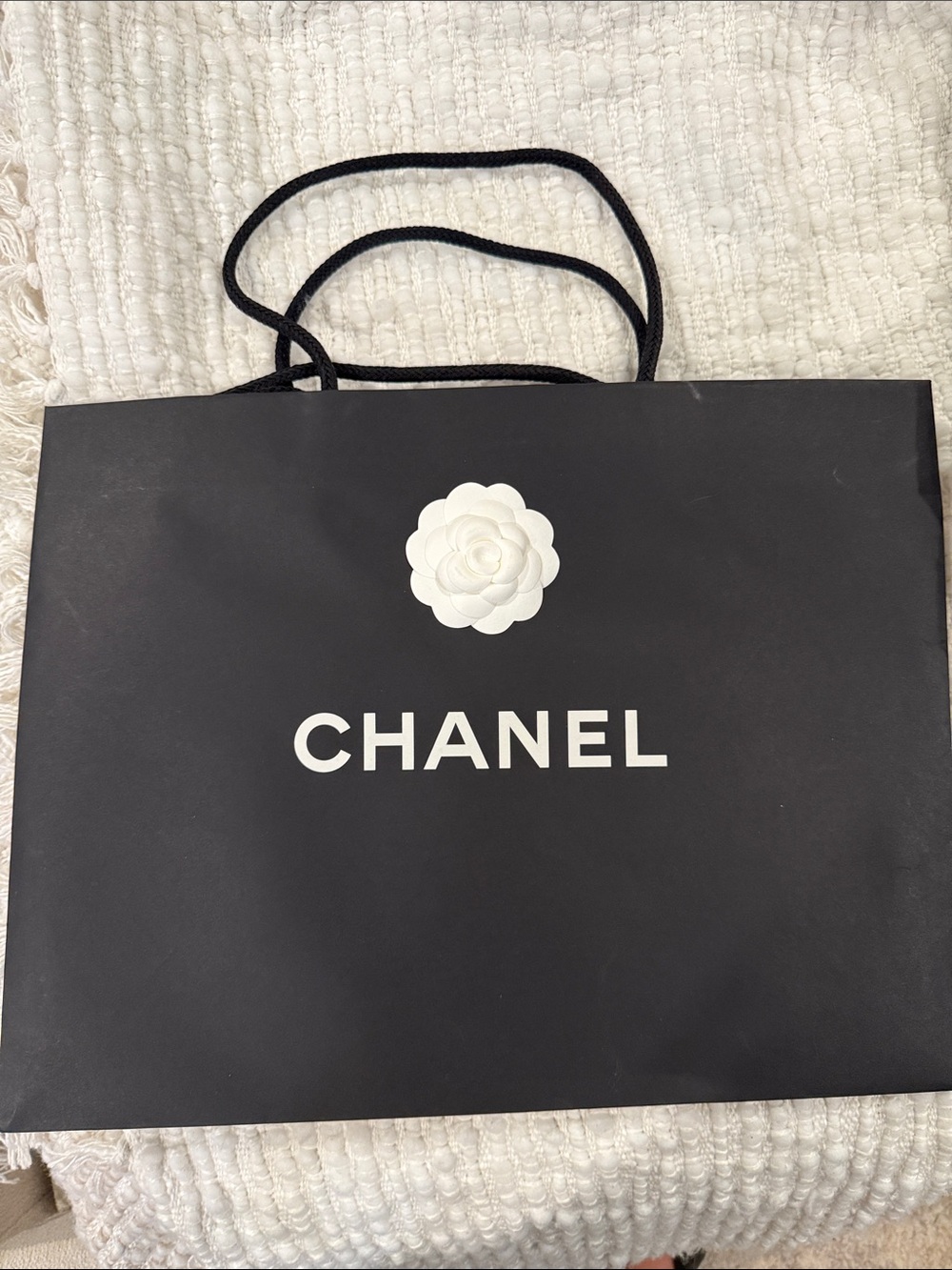 CHANEL Black and White Large Shopping Tote with Camellia Emblem